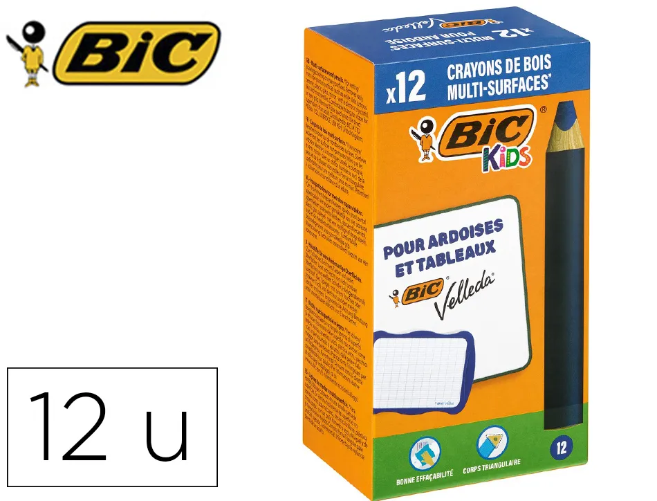 Crayon couleur bic kids multi-surfaces corps triangulaire bois coloris bleu boite 12 unites