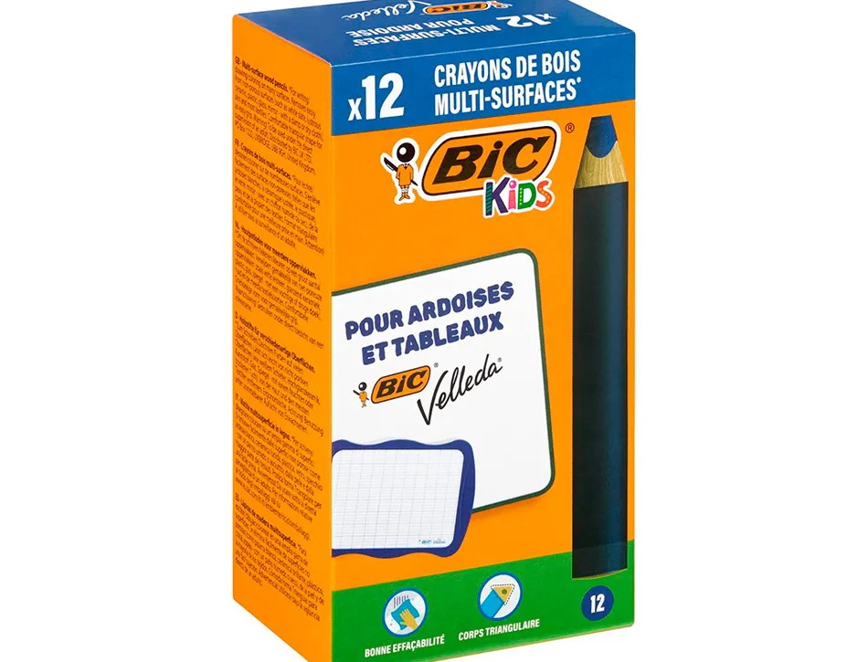 Crayon couleur bic kids multi-surfaces corps triangulaire bois coloris bleu boite 12 unites
