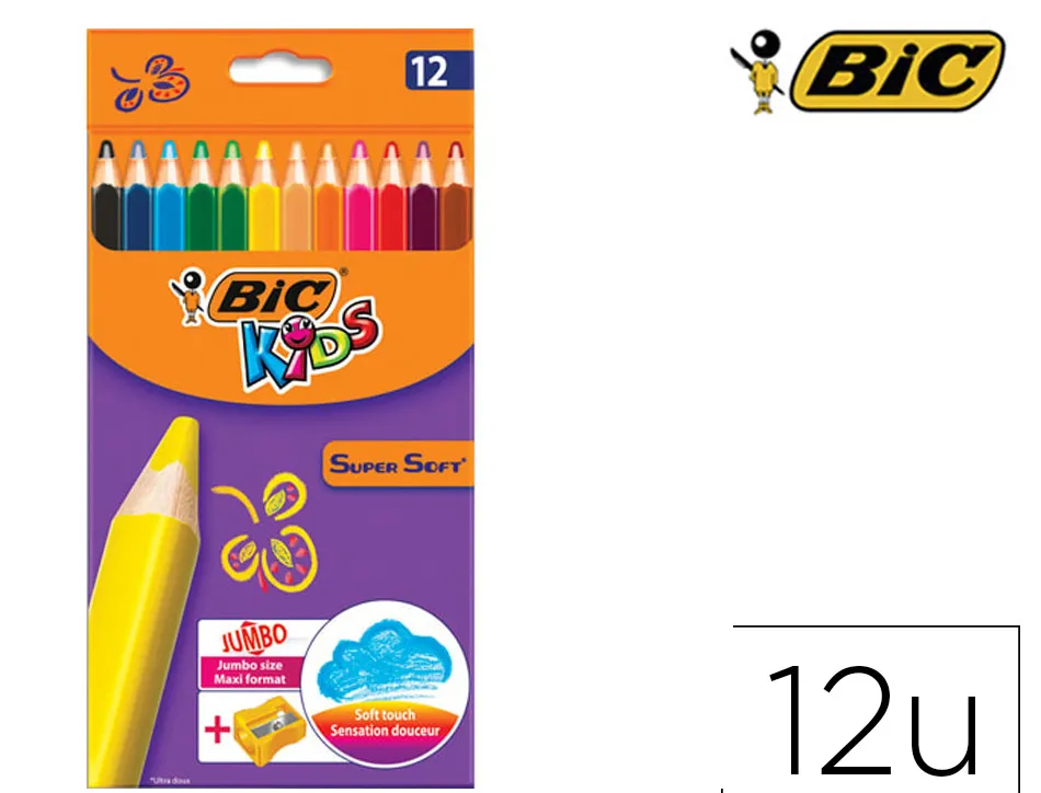 Crayon couleur bic kids super soft etui carton 12 unites + 1 taille-crayons