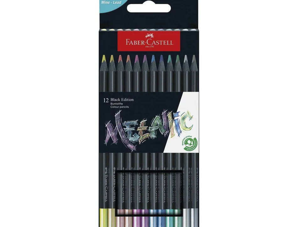 Crayon couleur faber castell black edition corps triangulaire mine tendre tons metalliques pochette 12