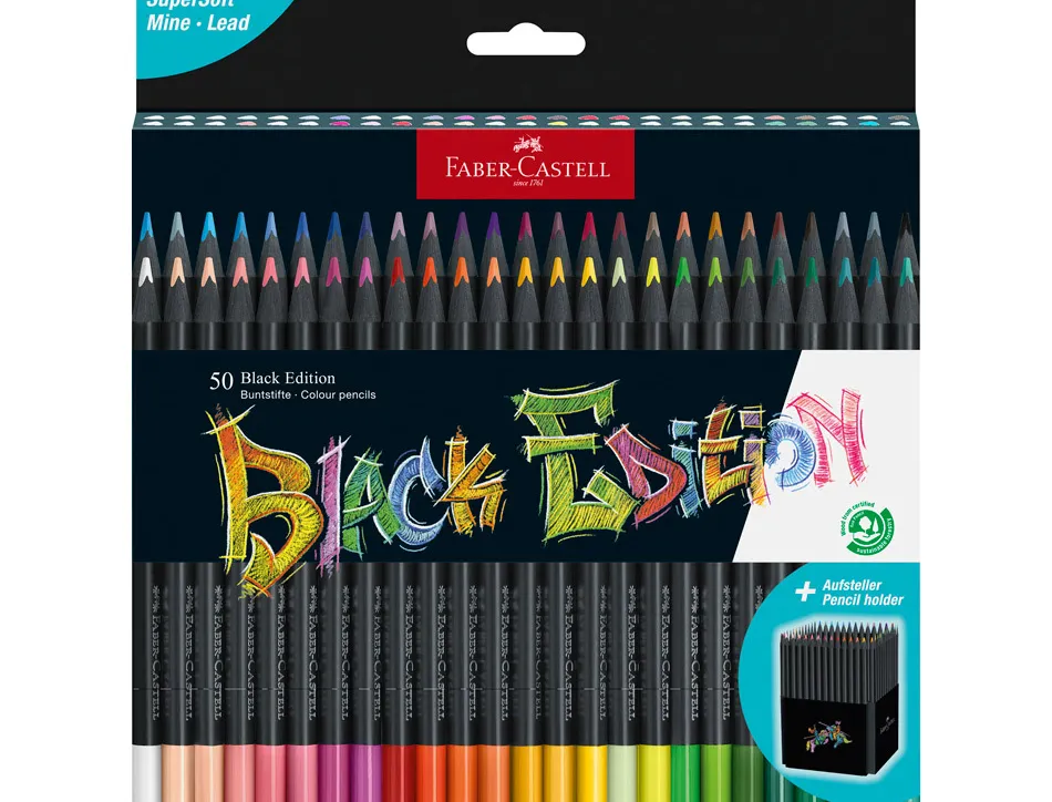 Crayon couleur faber-castell black edition bois noir triangulaire ergonomique mine super soft boite 50 unites