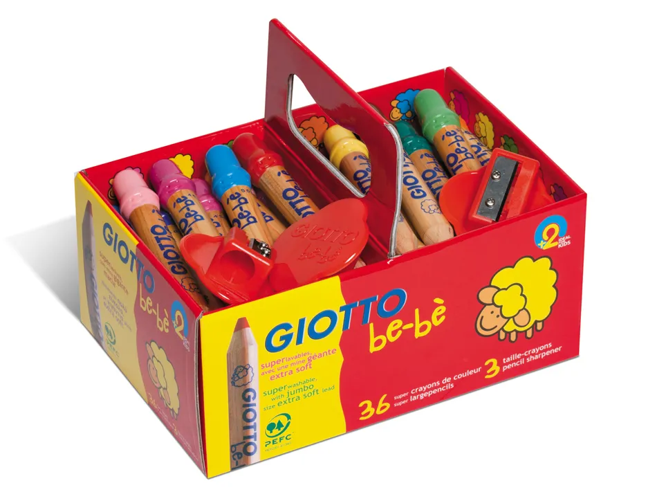 Crayon couleur giotto be-bè 105mm mine facile à tailler diamètre 7mm coloris vifs boîte 36 unités + 3 taille-crayons