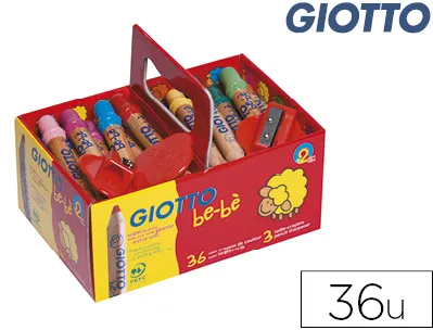 Crayon couleur giotto be-bè 105mm mine facile à tailler diamètre 7mm coloris vifs boîte 36 unités + 3 taille-crayons
