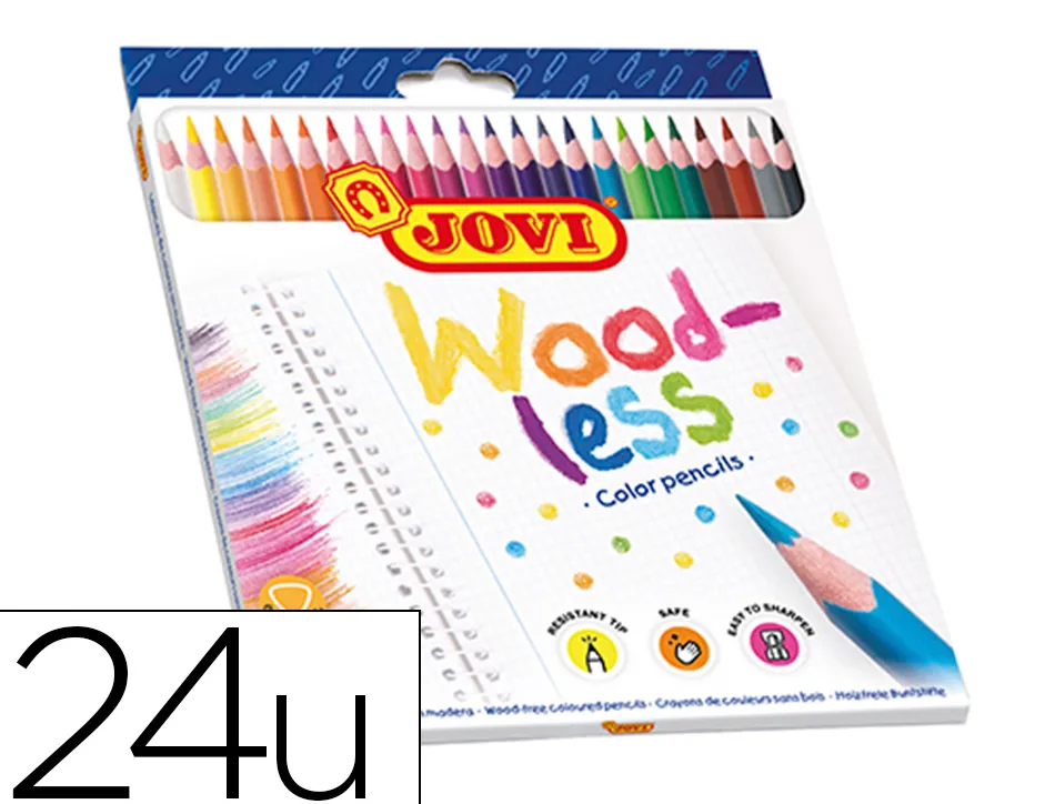 Crayon couleur jovi woodless triangulaire mine resistante haut pouvoir couvrant inodore couleurs vives etui 24 unites