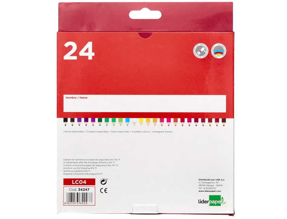 Crayon couleur liderpapel mine extra-résistante 174.5mm écriture douce coloris intenses étui carton plastifié 24 unités