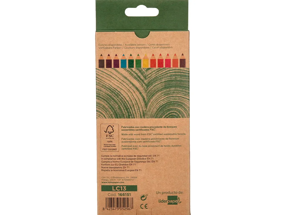 Crayon couleur liderpapel certifie fsc mine extra-resistante ecouse etui carton de 12 coloris assortis