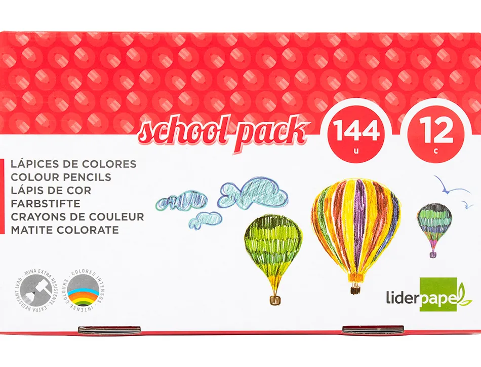 Crayon couleur liderpapel mine extra-résistante 174.5mm écriture douce 12 coloris intenses school pack 144 unités