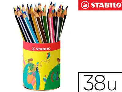 Crayon couleur stabilo trio long bois triangulaire 175mm mine large souple 4mm pot métal 38u
