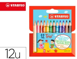 Crayon couleur stabilo trio court bois triangulaire 85mm mine large souple 4mm coloriage rapide pochette 12u