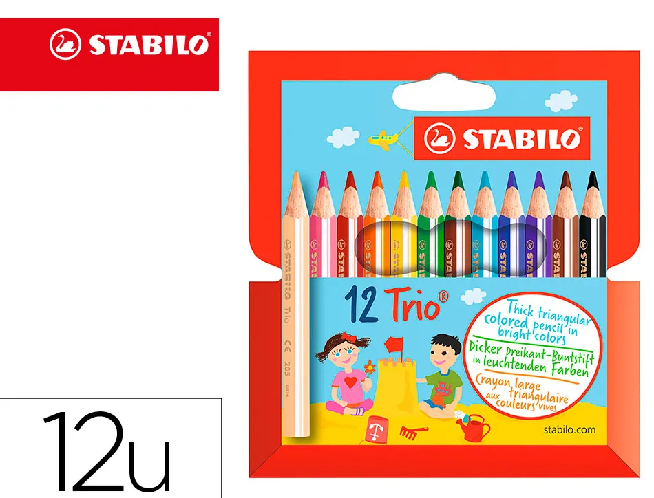 Crayon couleur stabilo trio court bois triangulaire 85mm mine large souple 4mm coloriage rapide pochette 12u