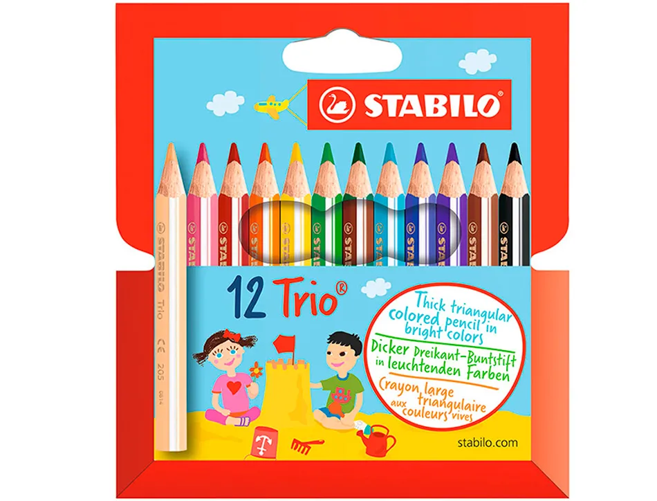 Crayon couleur stabilo trio court bois triangulaire 85mm mine large souple 4mm coloriage rapide pochette 12u