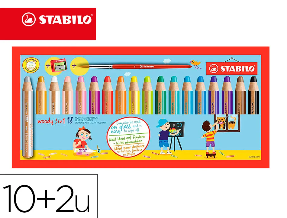 Crayon couleur stabilo woody multi talent 18 crayons 3 en 1 arty +1 pinceau rond taille 8 + 1 taille crayon