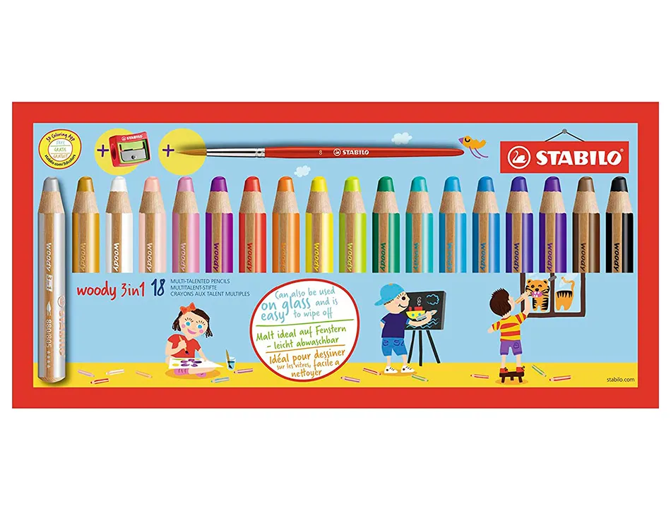 Crayon couleur stabilo woody multi talent 18 crayons 3 en 1 arty +1 pinceau rond taille 8 + 1 taille crayon