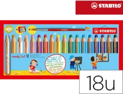 Crayon couleur stabilo woody 3in1 multi-talents + 1 taille-crayon + 1 pinceau étui carton 18 unités