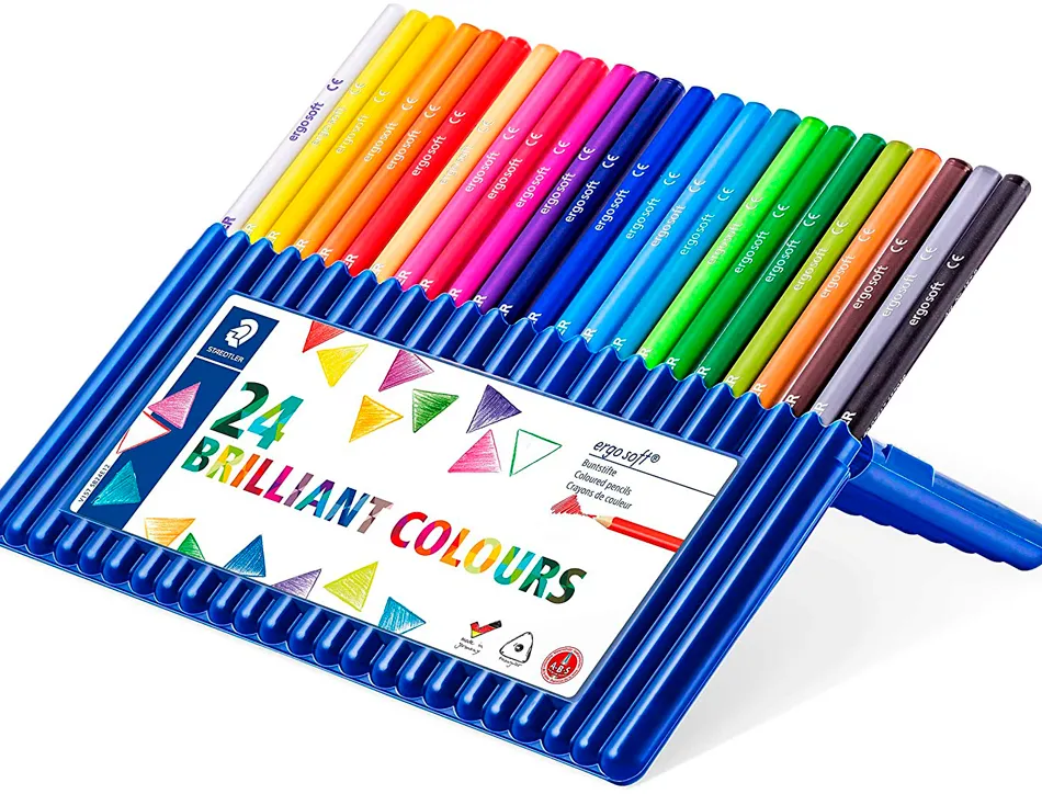 Crayon couleur staedtler ergosoft triangulaire 175mm mine douce 3mm excellent confort étui plastique chevalet 24 unités