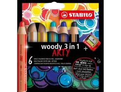 Crayon de couleur stabilo woody 3in1 arty multi-surfaces effacable etui carton 6 unites et