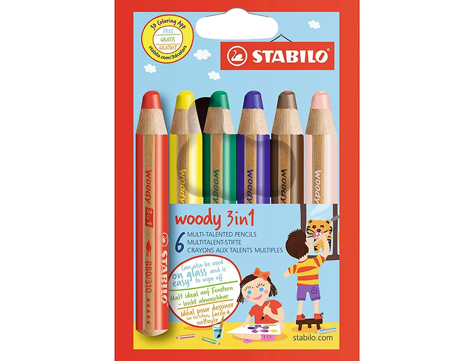 Crayon de couleur stabilo woody 3in1 arty multi-surfaces effacable etui carton 6 unites et