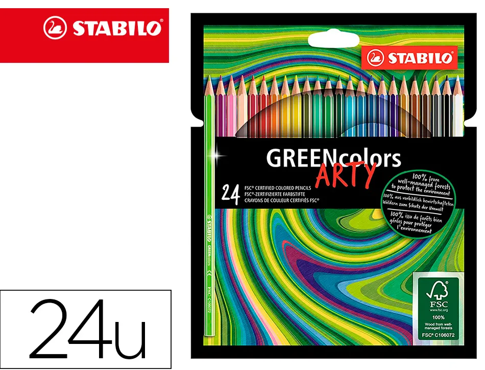 Crayon de couleur stabilo greencolors arty hexagonal fin bois certifie fsc mine solide 3mm etui carton 24