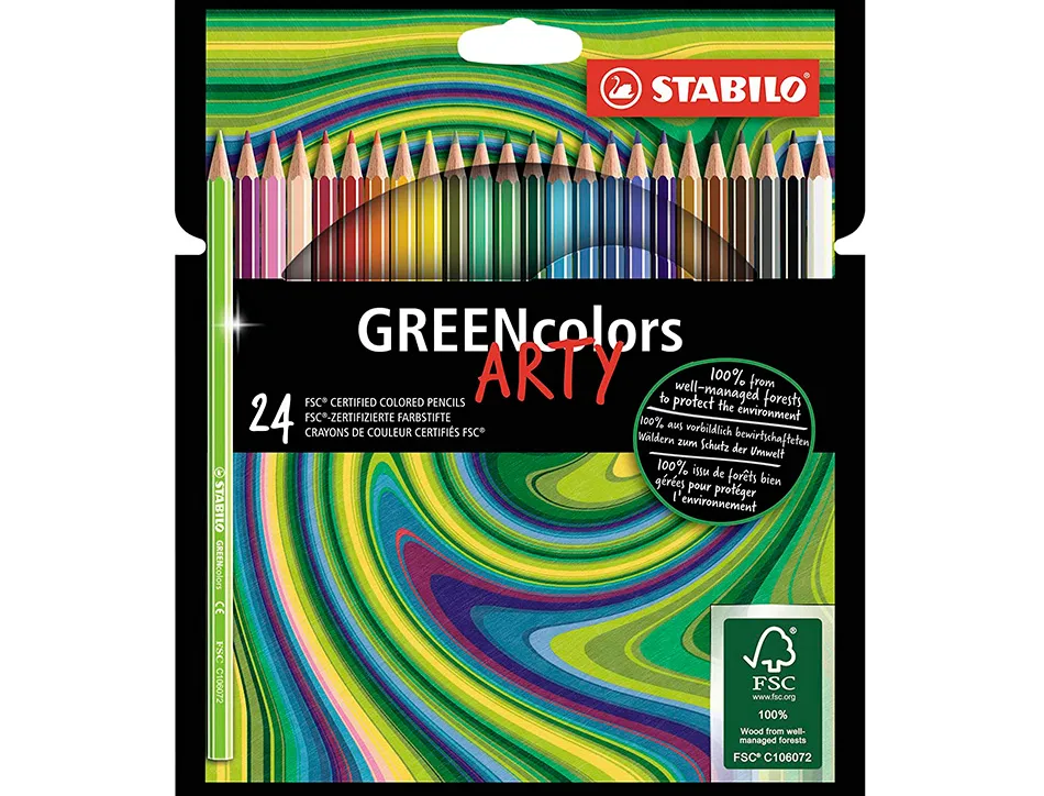 Crayon de couleur stabilo greencolors arty hexagonal fin bois certifie fsc mine solide 3mm etui carton 24
