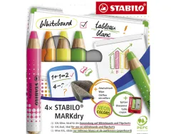 Crayon marqueur stabilo markdry tableau coloris fluo assortis etui carton 4 unites + 1 taille-crayon + 1