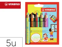 Crayon stabilo woody 3 en 1 duo multi-talents mine bicolore pointe 10mm taille-crayon inclus etui 5 unites assorties