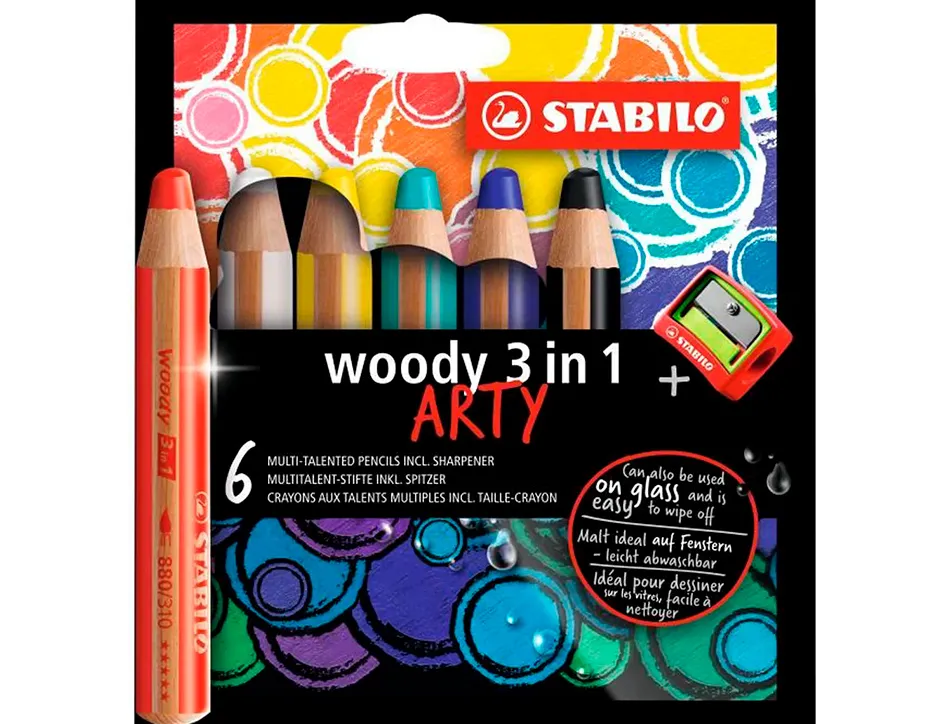 Crayons multi-talents stabilo woody 3in1 + 1 taille-crayon etui carton de 6