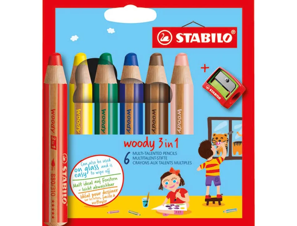 Crayons multi-talents stabilo woody 3in1 + 1 taille-crayon etui carton de 6