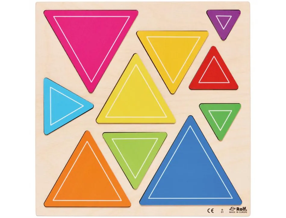 Decouverte des tailles triangles rolf puzzles en relief en bois triangles colores 10 pieces et 1