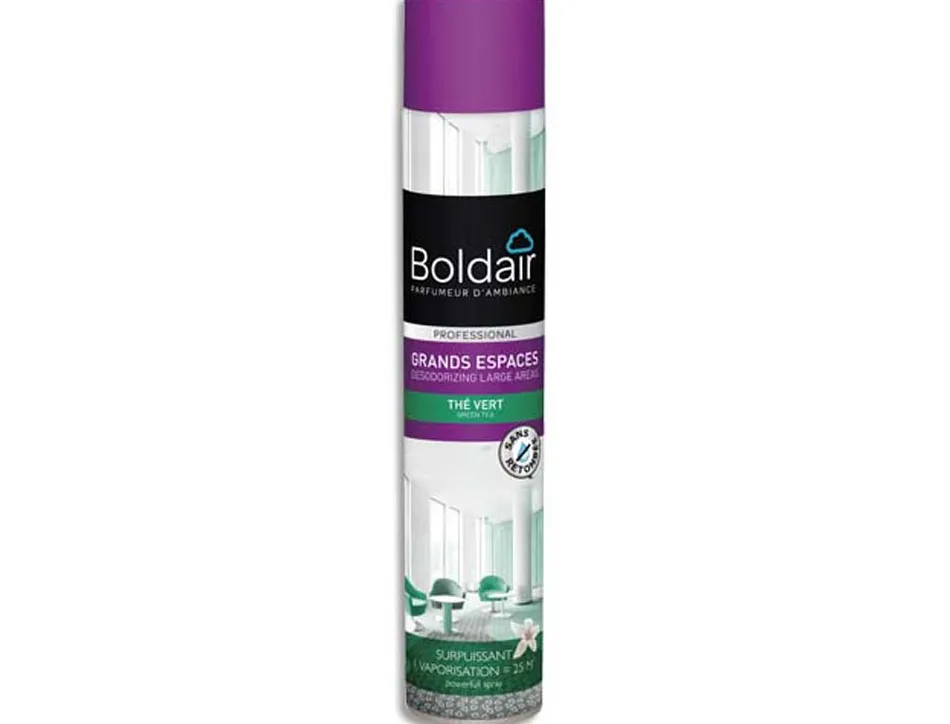 Desodorisant aerosol boldair 750 ml surpuissant grands espaces 25 m² parfum the vert professional