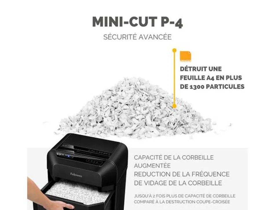 Destructeur de documents fellowes automax 80m mini-cut p-4 80 feuilles bac 17 l