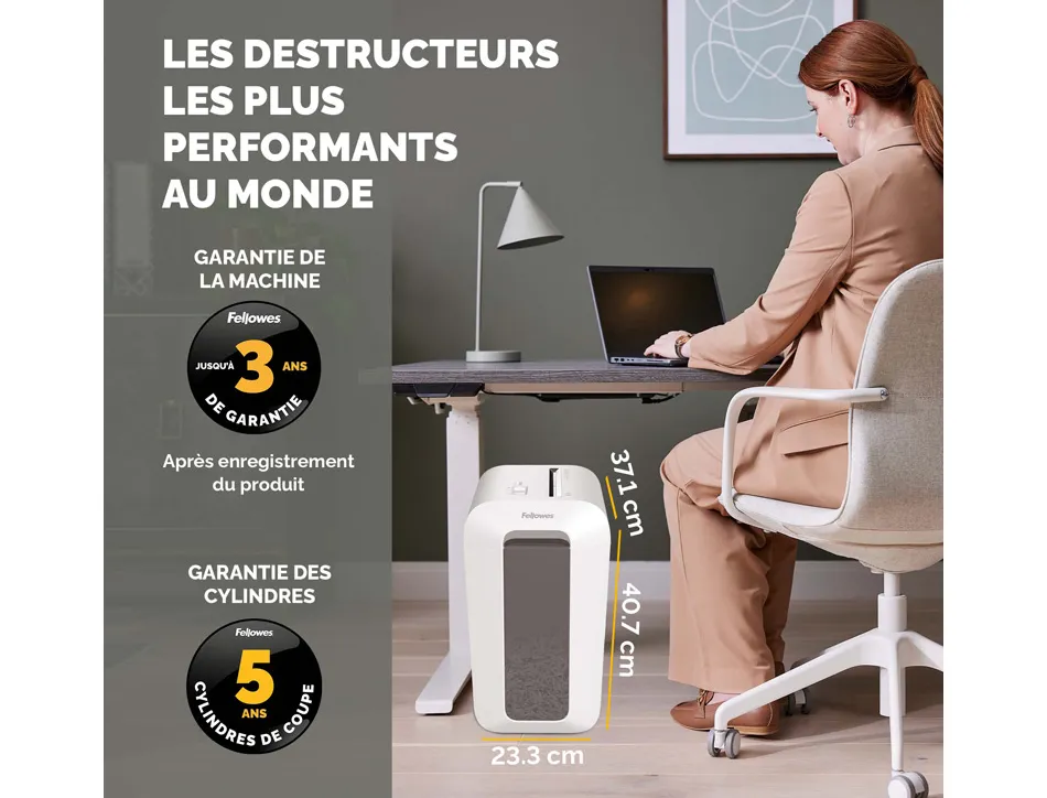 Destructeur fellowes lx65 coupe croisee 4x40mm 10f securite p-4 corbeille 22l coloris blanc