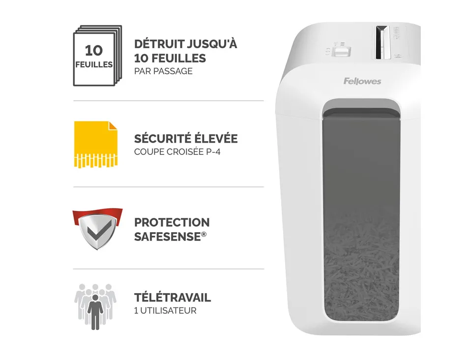 Destructeur fellowes lx65 coupe croisee 4x40mm 10f securite p-4 corbeille 22l coloris blanc