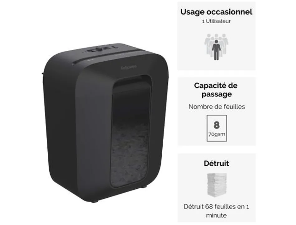 Destructeur personnel fellowes lx45 coupe croisee 4x37mm capacite 8f agrafes trombones cc securite p-4