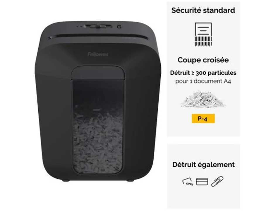 Destructeur personnel fellowes lx45 coupe croisee 4x37mm capacite 8f agrafes trombones cc securite p-4