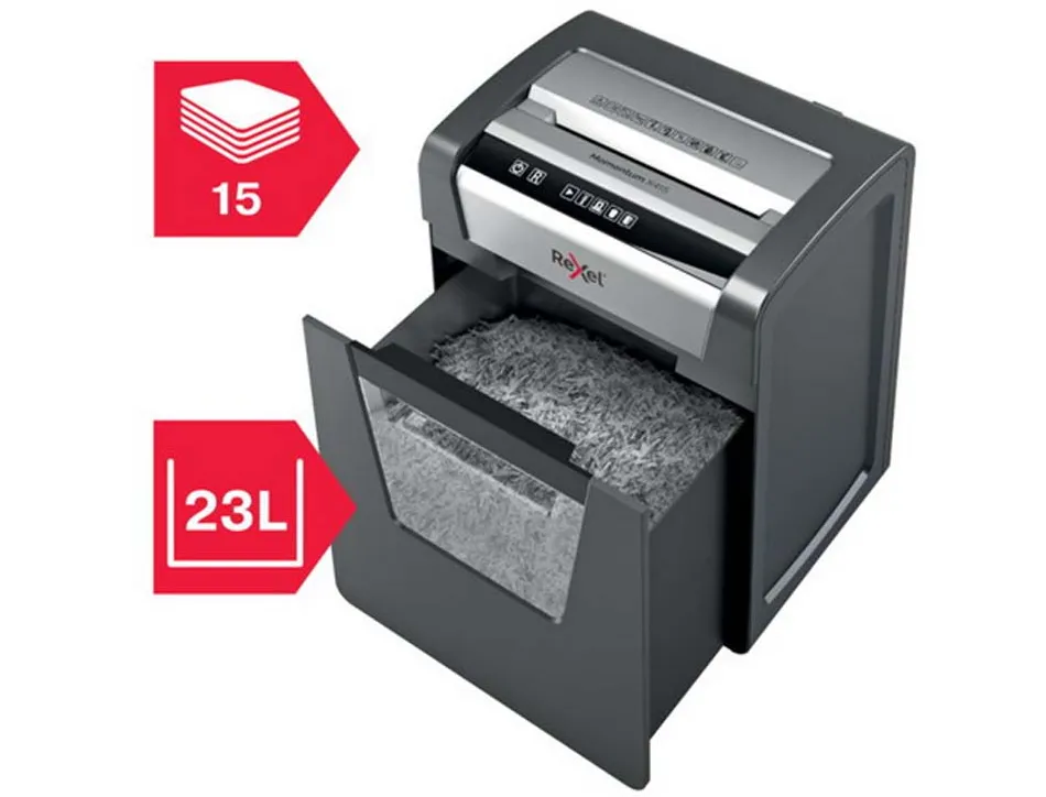 Destructeur rexel momentum x415 coupe croisée 4x40mm détruit trombones cb 15f anti-bourrage corbeille 23l 370x279x465mm