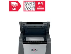 Destructeur rexel optimum autofeed+ 50x coupe croisee 4x28mm 50f cartes credit trombones agrafes securite 4