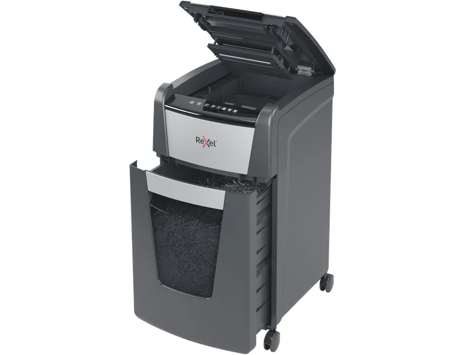 Destructeur rexel optimum autofeed+ 225x coupe croisee 4x26mm 225f agrafes cartes credit trombones securite 4
