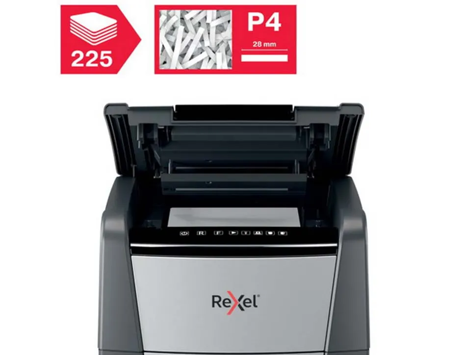 Destructeur rexel optimum autofeed+ 225x coupe croisee 4x26mm 225f agrafes cartes credit trombones securite 4