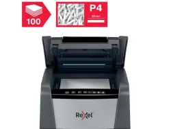 Destructeur rexel optimum autofeed+ 100x coupe croisee 4x28mm 100f agrafes cartes credit trombones securite 4