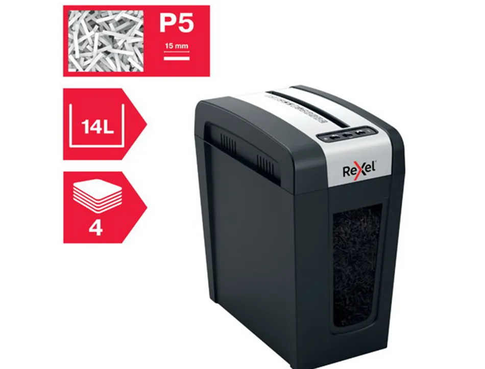 Destructeur rexel secure mc4-s l p5 coupe particules 2x12mm detruit4f insertion manuelle 14l 230x380x384mm
