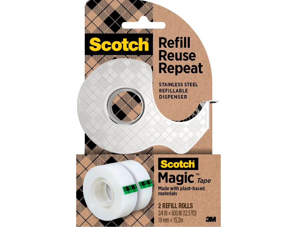 Devidoir scotch acier inox decor argente + 2 rubans adhesif invisible magic 19mmx13,9m