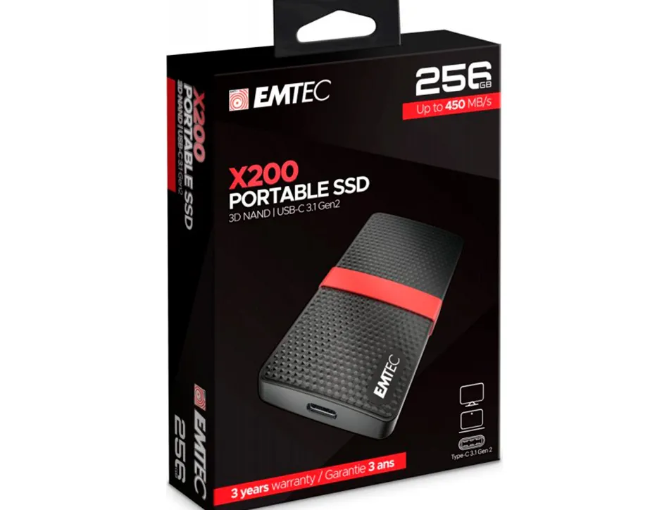Disque dur ssd portable emtec x200 power plus usb-c 3.1 gen1 transfert haute vitesse grande capacite de stockage 256gb
