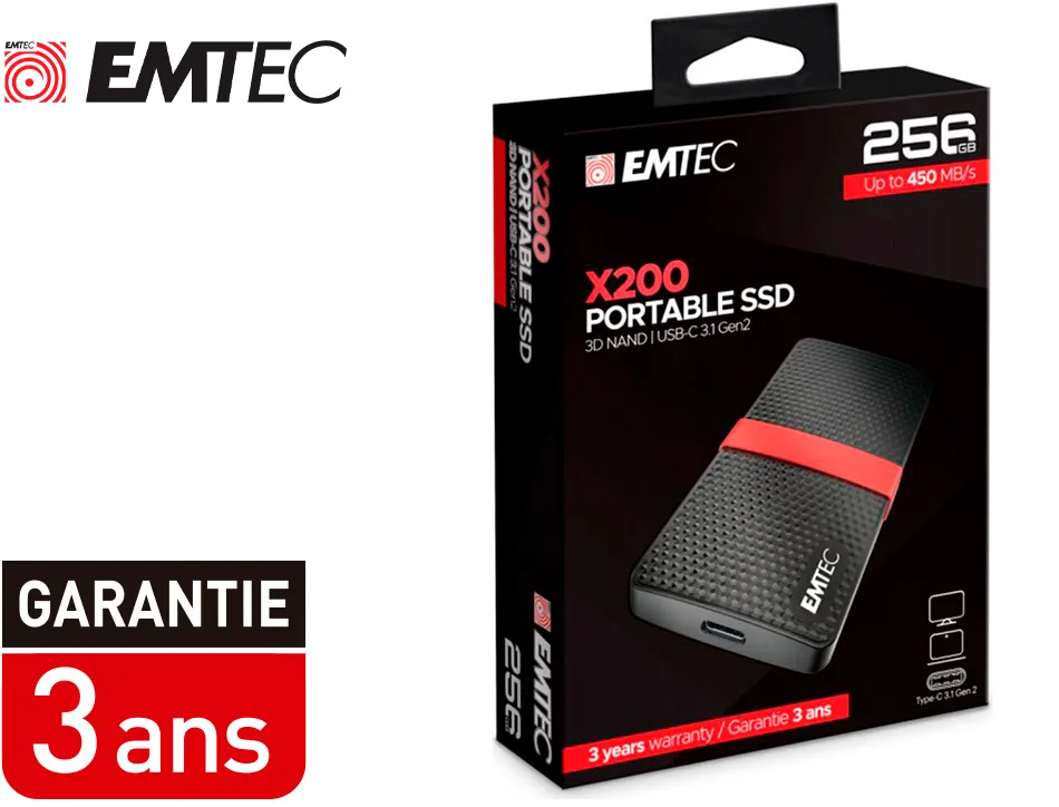 Disque dur ssd portable emtec x200 power plus usb-c 3.1 gen1 transfert haute vitesse grande capacite de stockage 256gb