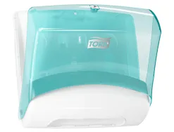 Distributeur tork de chiffons plies w4 capot transparent distribution f/f coloris turquoise/blanc