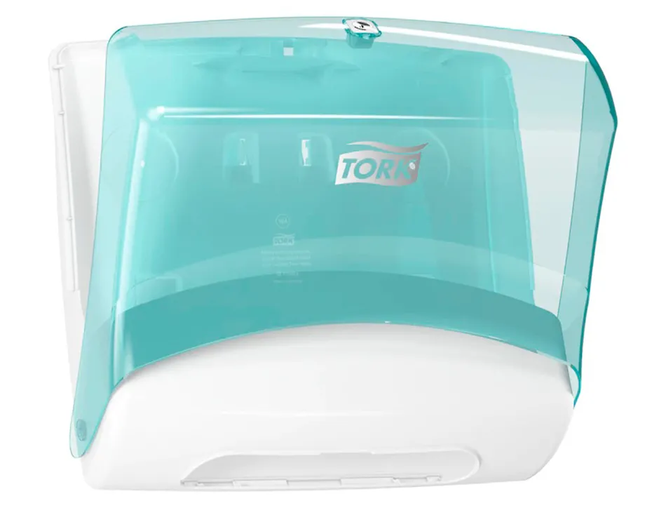 Distributeur tork de chiffons plies w4 capot transparent distribution f/f coloris turquoise/blanc