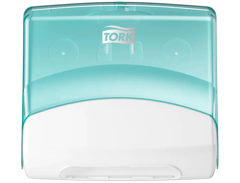 Distributeur tork de chiffons plies w4 capot transparent distribution f/f coloris turquoise/blanc