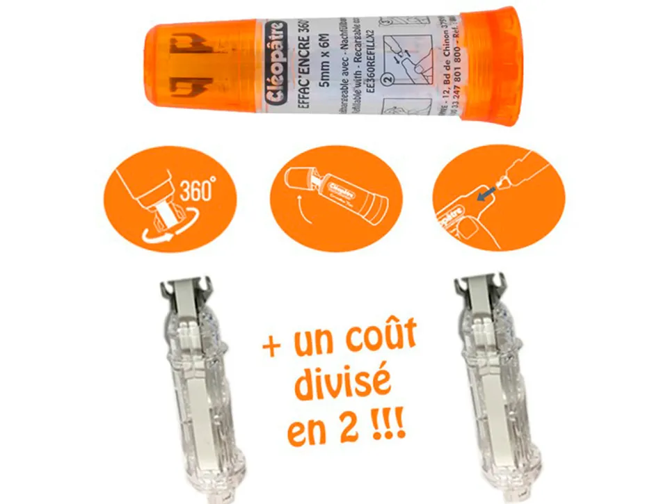 Effaceur d'encre cleopatre correcteur rechargeable avec tete rotative 360 . dimension 6m x5 mm