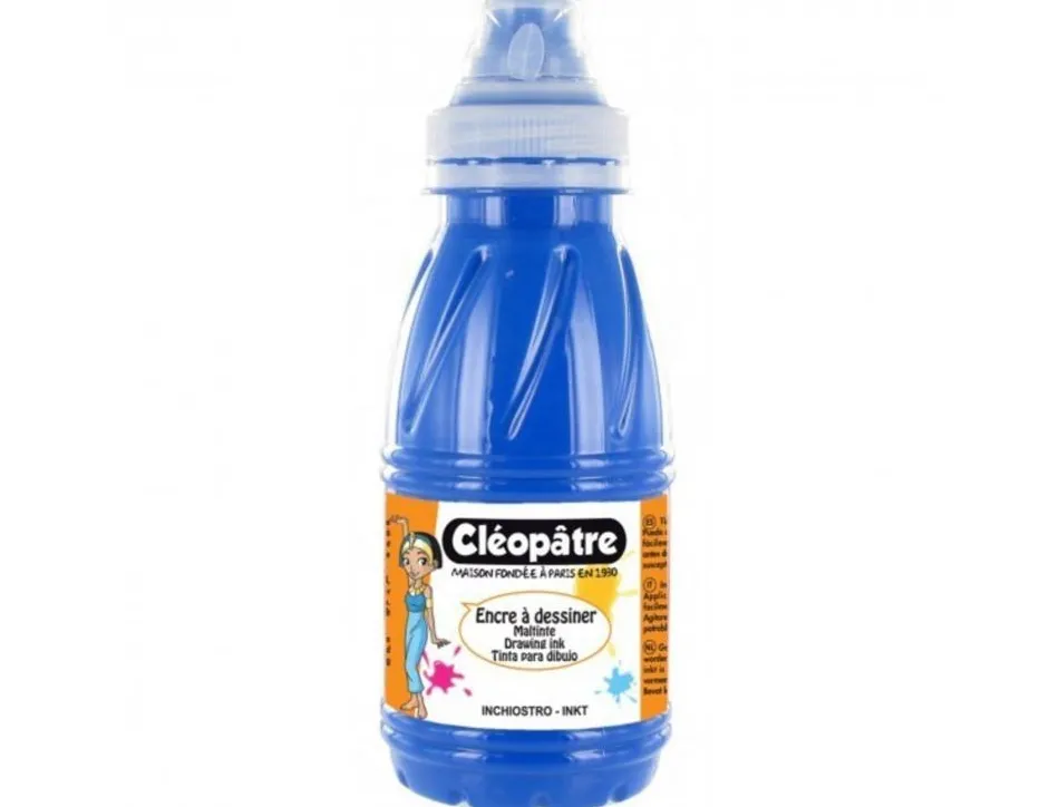 Encre a dessiner cleopatre diluable a l eau multisupports flacon de 250 ml coloris bleu clair