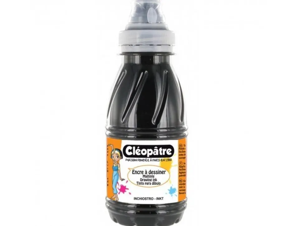 Encre a dessiner cleopatre multisupports diluable a l eau flacon de 500 ml coloris noir