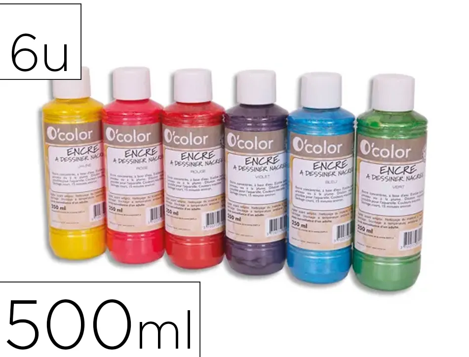 Encre a dessiner o'color 500ml couleurs primaires assorties coffret 6 unites